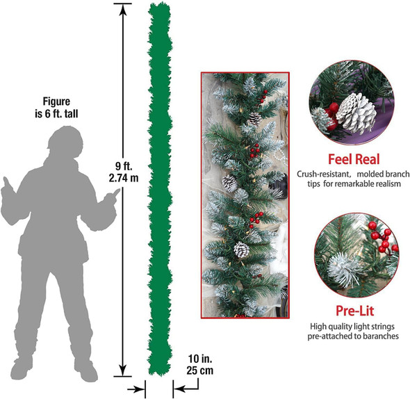 Pre-Lit Artificial Christmas Garland, Snowflake Wreath, White Lights 50, Decorated with Pine Cones, Berry Clusters, Plug in, Christmas Decorations, 9 Feet