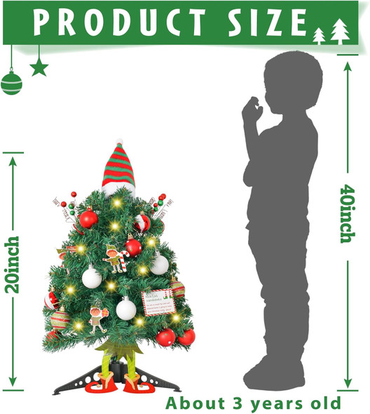 20" Elf Mini Christmas Tree with Head Arms and Legs Small Christmas Tree Tabletop Christmas Tree with Lights Decorative Christmas Ornaments for Home Party Decor