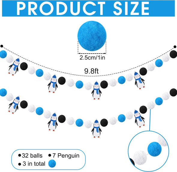 Hosuly 3 Pcs Winter Felt Ball Garlands Penguin Christmas Pom Pom Ball Garlands Colorful Handmade Felt Ball Garland Winter Penguin Garland for Home Fireplace Windows Indoor Outdoor Decor