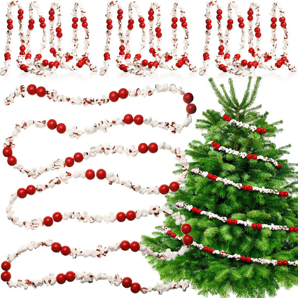 Hoteam 4 Pieces 9 ft Artificial Popcorn and Cranberry Garland Strand Realistic Vintage Pop Corn and Rustic Wood Beaded Cranberry Strand Old Retro Christmas Tree Garland String for Christmas Holiday