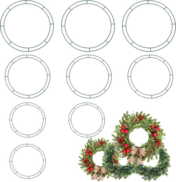 Hotop 9 Pieces Wire Wreath Frame Dark Green Flat Circle Floral Wreath Ring Wreath Making Supplies for Christmas Year Holiday Wedding Decoration 8 Inch 12 Inch 14 Inch