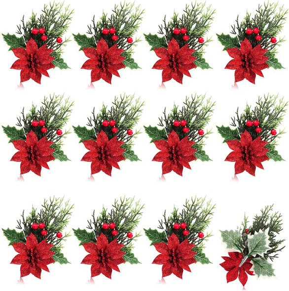 Hotop 12 Pcs Poinsettia Flowers Christmas Artificial Glitter Flower with Clips Poinsettia Christmas Decorations Artificial Christmas Flowers for Garland Wreath Tree Home Party (Red,Classic)
