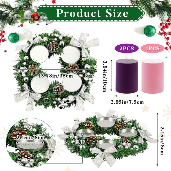 Hotop 5 Pcs Christmas Advent Wreath with Candle Holder Traditional Advent Wreath Candleholder Stand Set Xmas Wreath Decoration with 4 Advent Candles Pine Cone Garland for Church Centerpiece(Silver)