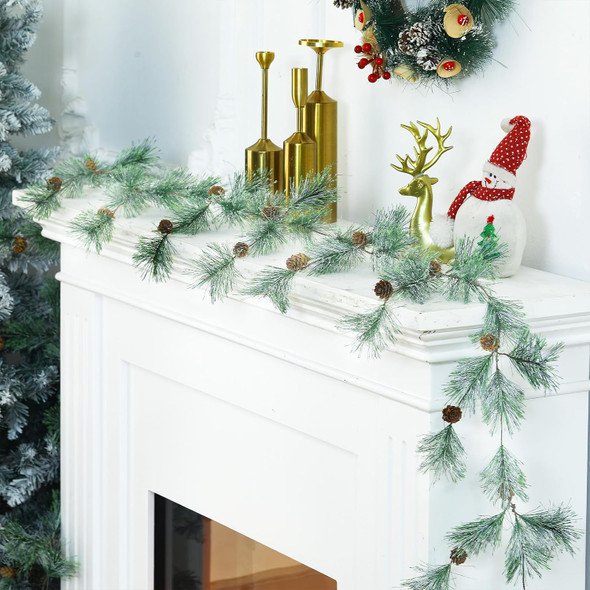 Hotop 9 ft Christmas Smokey Pine Garland Winter Snow Pine Cones Garland Green Artificial Greenery Garland for Table, Mantle, Wall, Indoor, Outdoor Christmas Decorations