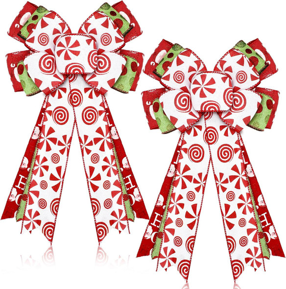 Hotop 2 Pcs Christmas Bow Wreath Bow Xmas Sweet Candy Wreath Burlap Bow Winter Door Wall Decor Red and Green Christmas Tree Topper for Indoor Outdoor Xmas Party Decoration, 18 x 10 Inch
