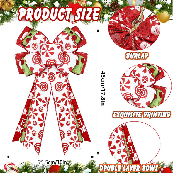 Hotop 2 Pcs Christmas Bow Wreath Bow Xmas Sweet Candy Wreath Burlap Bow Winter Door Wall Decor Red and Green Christmas Tree Topper for Indoor Outdoor Xmas Party Decoration, 18 x 10 Inch