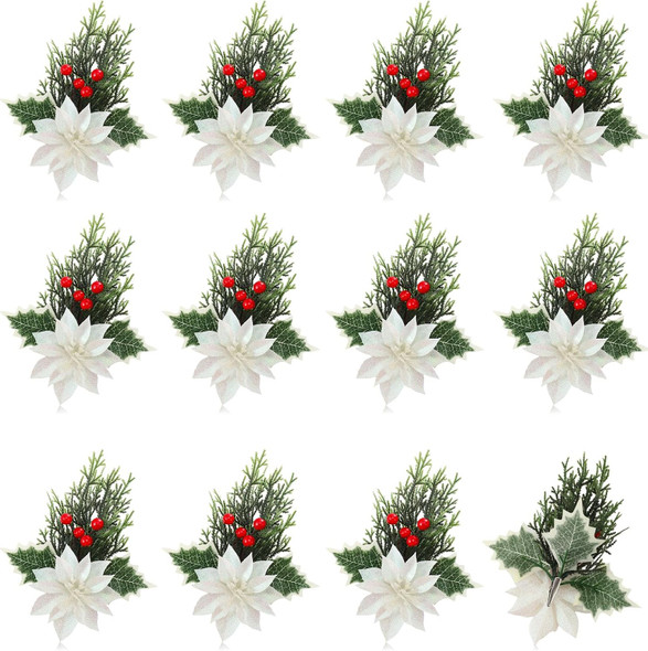 Hotop 12 Pcs Poinsettia Flowers Christmas Artificial Glitter Flower with Clips Poinsettia Christmas Decorations Artificial Christmas Flowers for Garland Wreath Tree Home Party(White,Classic)