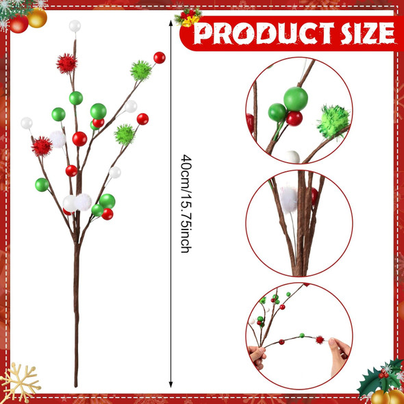 Hotop 6 Pcs 16 Inch Christmas Tree Picks Decorations Red Green Christmas Picks and Sprays Ornaments Floral Branches and Ball Picks for Holiday Xmas Tree Topper