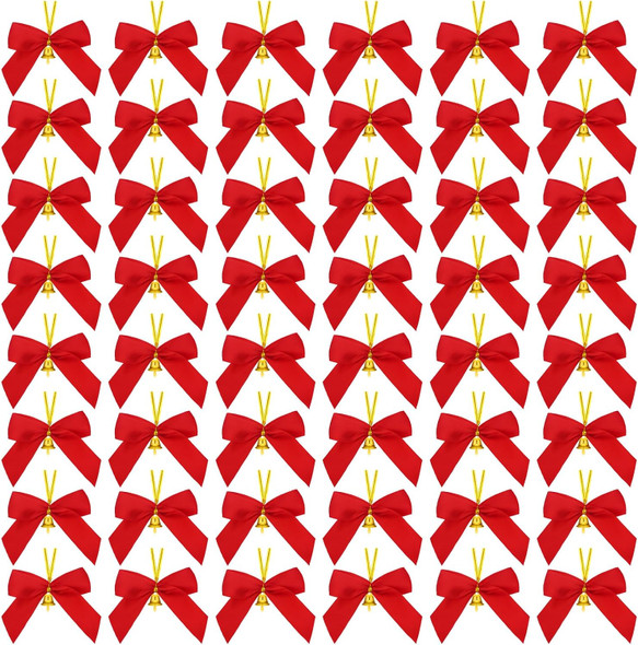 Hotop 48 Pcs Christmas Bows with Bells 3.5 Inch Gold Red Bows Christmas Decorations Twist Tie Small Premade Bows for Christmas Wreaths for Decorative Tree Hanging Ornaments Xmas Holiday Decor Crafts
