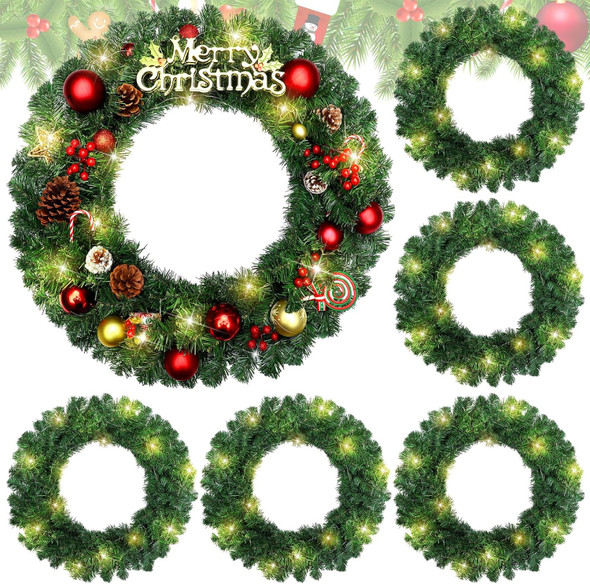 Hotop 6 Pcs 24 Inch Pre Lit Christmas Wreath with Lights Large Artificial LED Christmas Front Door Wreath for Xmas Holiday Party Decorations Fireplaces Porch Wall Ornament
