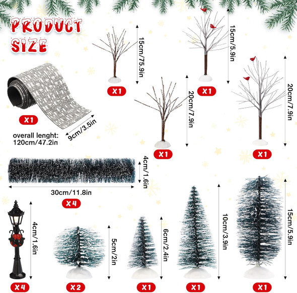 Hotop 18 Pcs Christmas Village Set Mini Snow Covered Christmas Trees Street Lights Christmas Village Accessories for Table Display Winter Decor Holiday Outdoor DIY Crafts(Joyous)