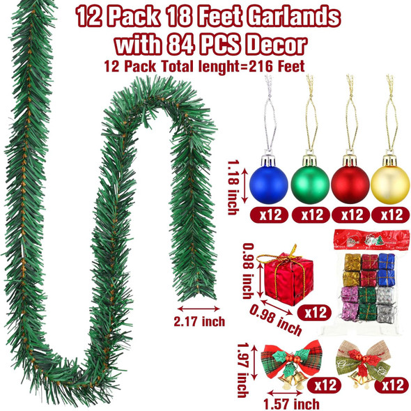 Hotop 12 Pack Christmas Greenery Garland with 84 Pieces Christmas Ball Bow Decor Artificial Pine Garland with Ornaments Greenery Holiday Decor for Stair Fireplace Home Wedding Party Outdoor Indoor