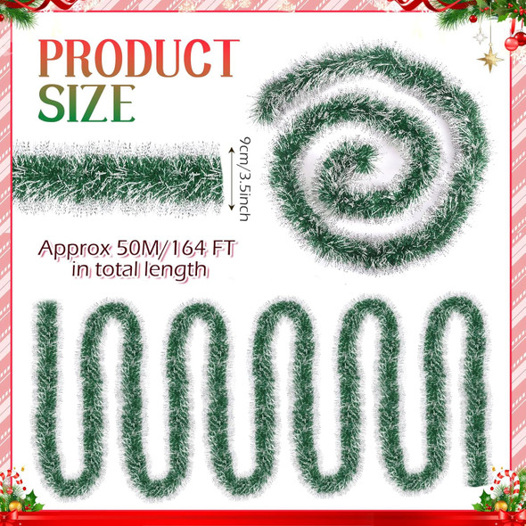 Hotop 164 ft Christmas Frost Tip Tinsel Garland Glitter Silver Edge Metallic Streamers Christmas Tree Hanging Twist Garland Decorations for Indoor and Outdoor Holiday Party Supplies (Green)
