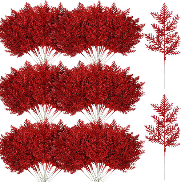 Hotop 100 Pcs Christmas Glitter Pine Needles 10.6 Inches Pine Stems Picks DIY Christmas Garland Wreath Decor Artificial Pine Branches for Xmas Winter Home Centerpieces Party Decoration (Red)