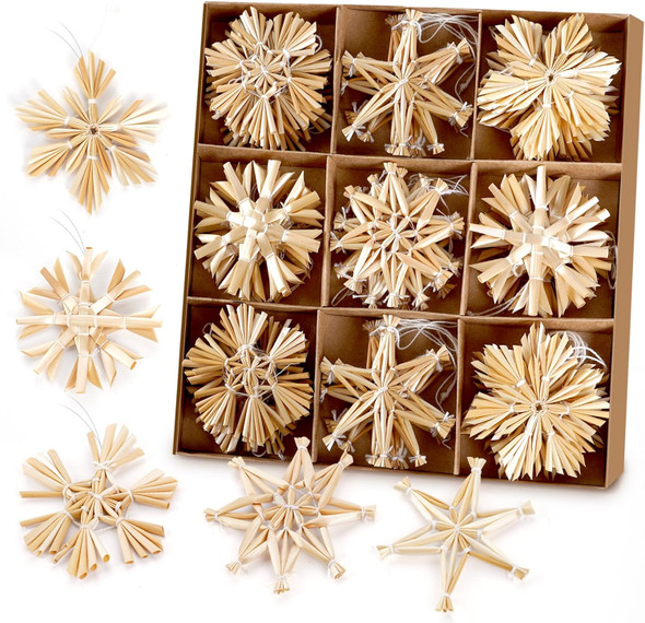 45PCS Straw Star Snowflake Ornaments Set, Scandinavian Christmas Snowflake Decorations, Denmark Norway Nordic Straw Snowflake Ornaments for Christmas Tree, Wreath, Garland Decor