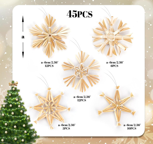 45PCS Straw Star Snowflake Ornaments Set, Scandinavian Christmas Snowflake Decorations, Denmark Norway Nordic Straw Snowflake Ornaments for Christmas Tree, Wreath, Garland Decor