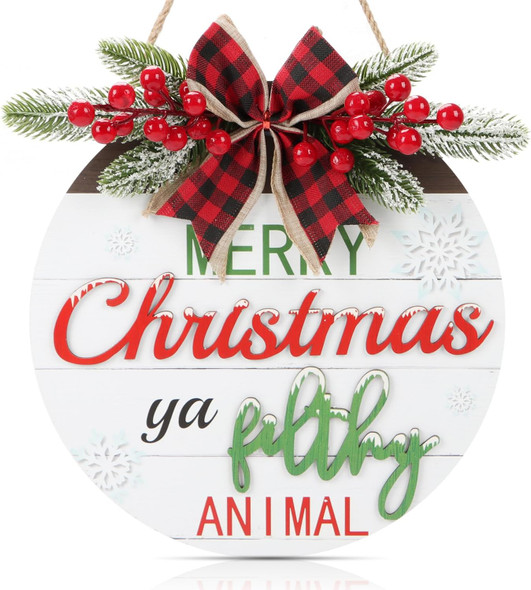 HOURIA 3D Merry Christmas Ya Filthy Animal Christmas Door Decoration,Funny Christmas Door Sign,Xmas Winter Welcome Wooden Plaques,Indoor Outdoor Christmas Decorations for home,Party 12X12Inches