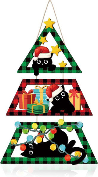 HOURIA Funny Black Cat Santa Clause Christmas Door Decor, Kitty Meowy Christmas Buffalo Plaid Front Door Signs, 12.5 21.6"Xmas Wreath Holiday Welcome Decorations For Indoor Outdoor,Cat Lovers