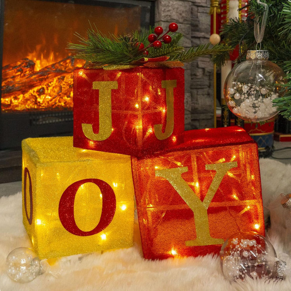 Hourleey Set of 3 Christmas Lighted Boxes, Pre-lit 60 LED Light Up Joy Present Boxes Ornament Decorations for Indoor Outdoor Xmas Tree Home Yard Lawn Decor