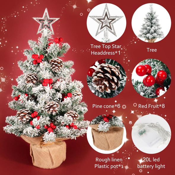 HOXHA Mini Christmas Tree, 22 Inch Small Tabletop Set, Star Tree Topper, Pine Cones Berries and Christmas Ornaments for Christmas Holiday Home Office Table Decorations, White
