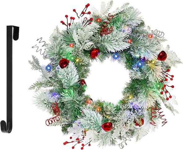 Christmas Wreath for Front Door 24inch - Light Up Artificial Christmas Wreath, Lighted Christmas Wreaths Battery Operated, with Bells and Wreath Hanger, for Front Door Wall Windows Xmas Decoration
