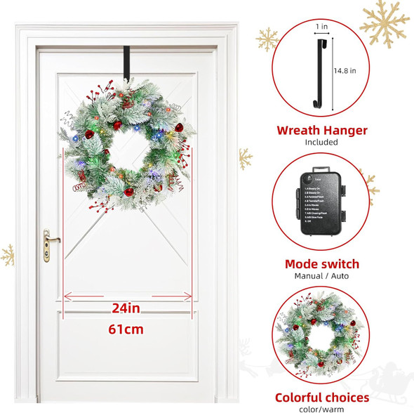Christmas Wreath for Front Door 24inch - Light Up Artificial Christmas Wreath, Lighted Christmas Wreaths Battery Operated, with Bells and Wreath Hanger, for Front Door Wall Windows Xmas Decoration