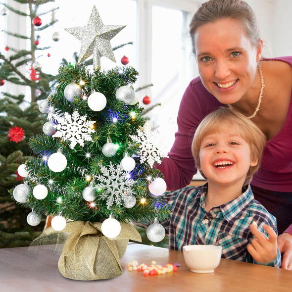 Tabletop Christmas Trees with Lights - HOYECHI Mini Christmas Tree 24 in, Small Light Up 2 ft Christmas Tree with 40 LED Lights & Ornaments Top Star for DIY, Christmas Decoration, Silver & White