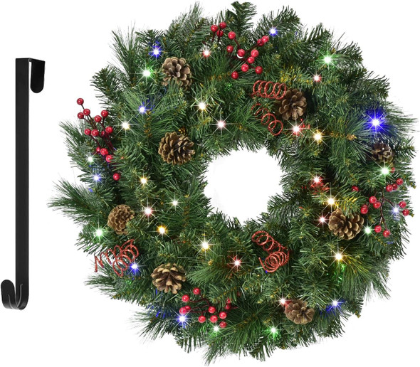 Christmas Wreaths for Front Door 24In - Artificial Christmas Wreath with 40 LEDs 9 Models Light, Timer, Hanger, Battery Operated Christmas Wreath for Mantel Wall Windows Xmas Decoration