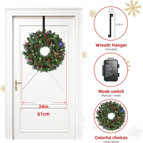 Christmas Wreaths for Front Door 24In - Artificial Christmas Wreath with 40 LEDs 9 Models Light, Timer, Hanger, Battery Operated Christmas Wreath for Mantel Wall Windows Xmas Decoration