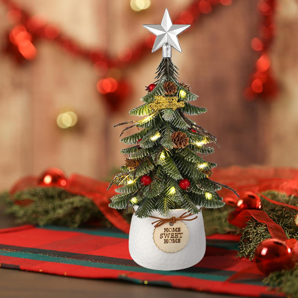 Tabletop Christmas Tree, Small Artificial Christmas Mini Tree Christmas Decorations Indoor with Holiday Ornaments Red Berry Pine Cone Greenery for Home Office Table Xmas Christmas Decor (White)