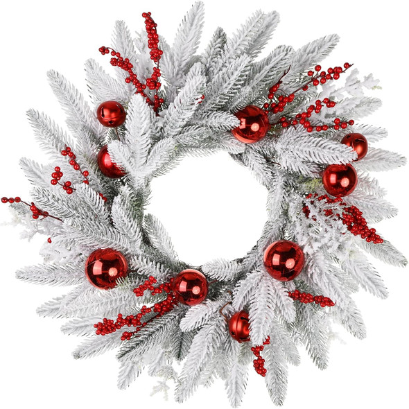 Christmas Wreath, 24inch Wreaths, Artificial Wreaths for Front Door, White Faux Fir with Red Ornaments and Berries wreaths in Autumn and Winter, Indoors,Outdoors, corridors, Offices. (White)