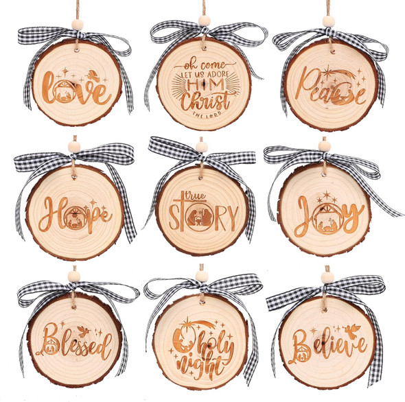 Nativity Christmas Ornaments - Set of 9 Buffalo Plaid Christmas Tree Ornaments Christian Wooden Ornament for Rustic Farmhouse Decorations Holiday Decor Religious