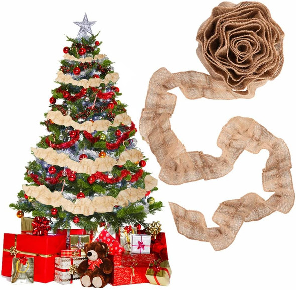 4 Rolls Plaid Christmas Tree Garland Rustic Christmas Tree Garland Buffalo Plaid Craft Ribbon Burlap Garland Christmas Tree Ribbon Garland for Christmas Crafts Decoration, 39.3 Feet (Yellow Burlap)