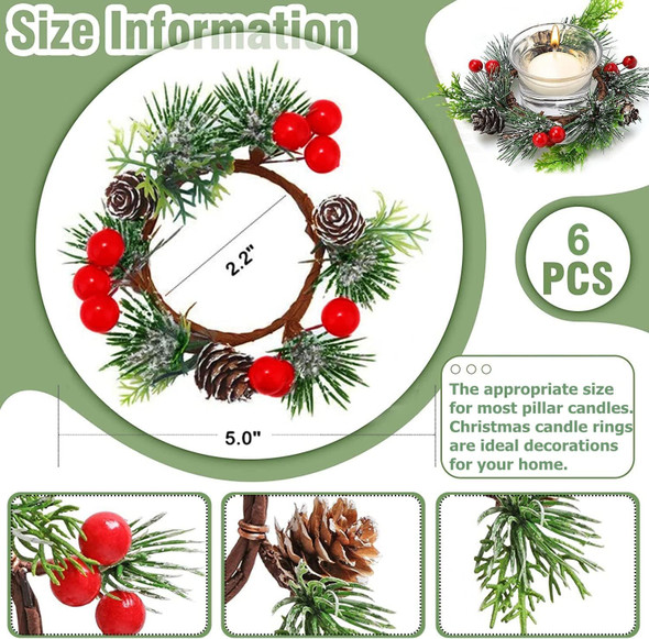 6 Pieces Christmas Candle Ring Artificial Red Berry Candle Ring with Pine Cones Christmas Candle Garland Candle Holder Ring Mini Candle Wreath Rings for Christmas Home Dining Table Centerpieces Decor