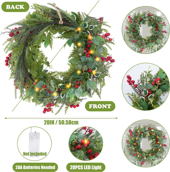 HUAESIN 20in Artificial Pre-Lit Christmas Wreath Holiday Accent Decoration for Door, Small Artificial Xmas Wreath for Hanging Christmas Gate Wall Decorations