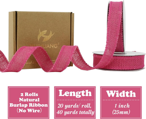HUIHUANG Hot Pink Burlap Ribbon 1 inch x 20 Yards Natural Jute Burlap Ribbon for Wrapping Thick Burlap Ribbons for Crafts Christmas Wreaths Bows Rustic Home Decor Wedding Party Decor (No Wire)