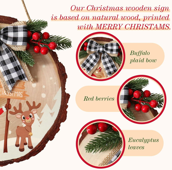 12Inch Christmas Wooden Hanging Door Signs Round Christmas Decorations Indoor Signs Merry Christmas Wreath Sign Xmas Wood Signs with Buffalo Plaid Bow Eucalyptus Berries for Front Door Home Decor