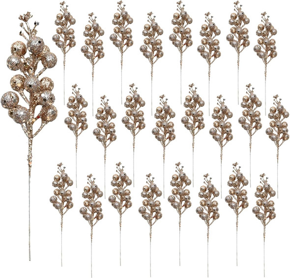 24 Pieces Christmas Glitter Berries Stems Artificial Berry Twig Stem Berry Picks Decorations for Christmas Ornaments, DIY Xmas Wreath, Holiday and Party Decor (Champagne)