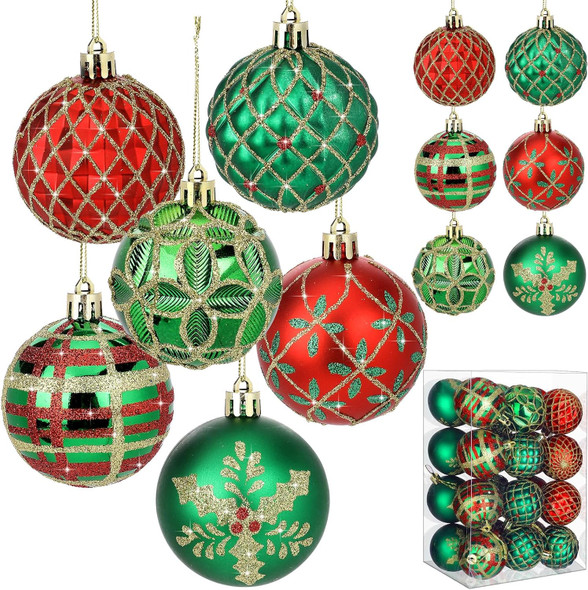Hungdao 24 Pcs Christmas Ball Ornaments Red Green and Gold Christmas Tree Hanging Ornaments 2.4'' Glitter Christmas Ball Decorations Christmas Tree Pendants for Tree Xmas Holiday Party