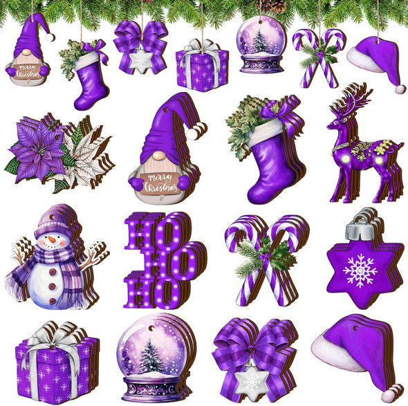 Huwena 36 Pcs Christmas Wooden Ornaments Purple Christmas Decorations for Tree Snowman Gnomes Poinsettia Flowers Truck Wreath Wood Cutouts Tags with Ropes Winter Christmas Decor for Xmas Tree s