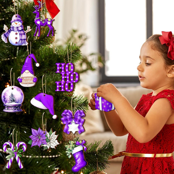 Huwena 36 Pcs Christmas Wooden Ornaments Purple Christmas Decorations for Tree Snowman Gnomes Poinsettia Flowers Truck Wreath Wood Cutouts Tags with Ropes Winter Christmas Decor for Xmas Tree s