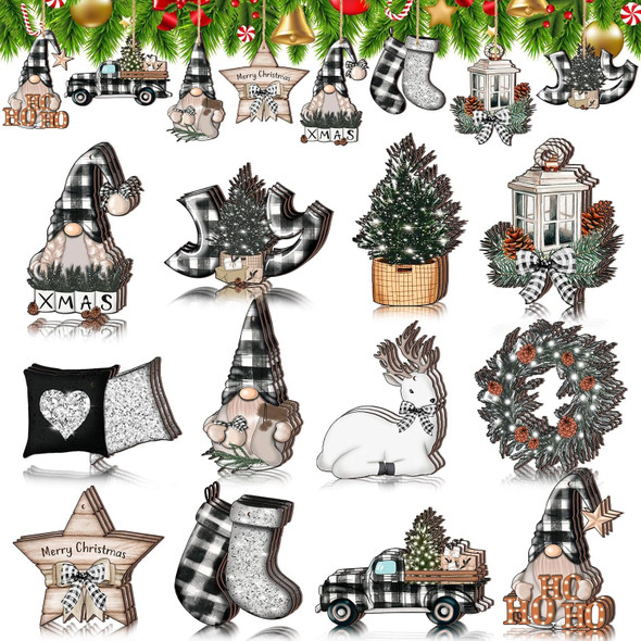 36 Pcs Christmas Wooden Ornaments Christmas Decorations for Tree White and Black Buffalo Plaid Ornaments Gnome Elk Truck Wreath Wood Cutout Winter Christmas Decor for Xmas Tree Home Party