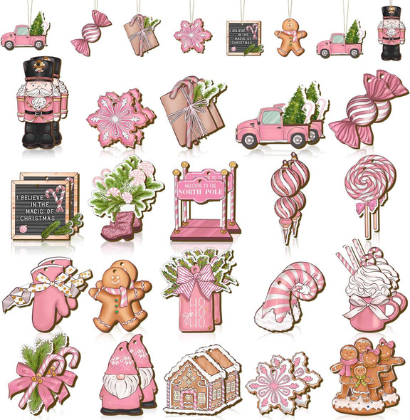 Huwena 40 Pcs Christmas Wooden Ornaments Pink Pastel Christmas Decorations for Xmas Tree Wreaths Gingerbread Gnome Hanging Ornaments Nutcracker Peppermint Candy Wood Cutouts Christmas Decor for Home