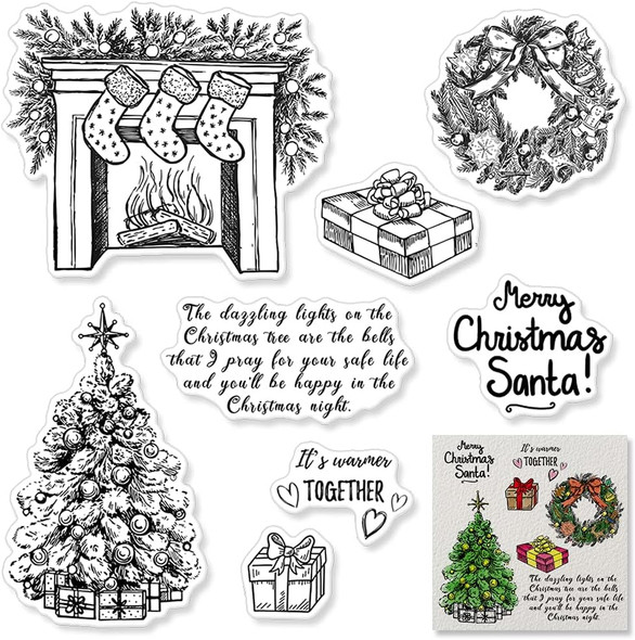 Christmas Fireplace Wreath Tree Clear Stamps for Card Making Scrapbooking Crafting DIY Decorations, Christmas Words Transparent Silicone Seal Stamps for Embossing Album Crafts