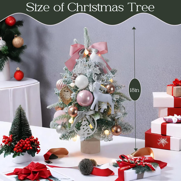 Small Pink Christmas Tree 18Inch Tabletop Mini Christmas Tree Snowy Artificial Xmas Pine Trees with Wooden Base Hanging Ornaments Balls for Holiday Festival Indoor Home DIY Christmas