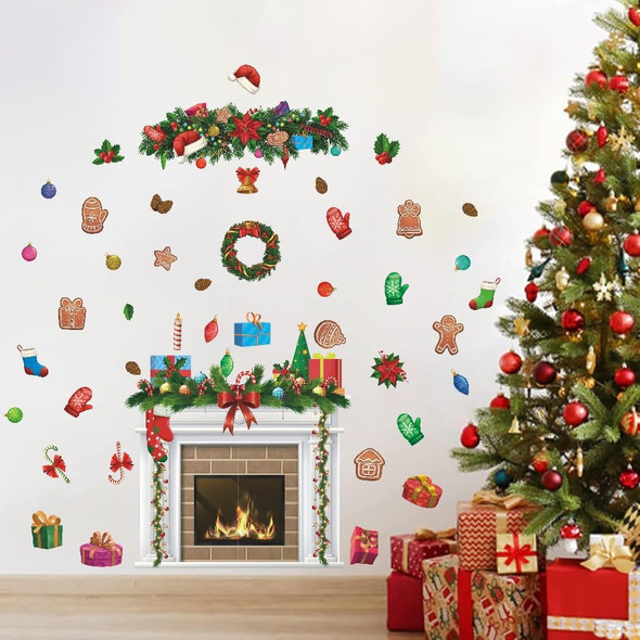 IARTTOP Christmas Fireplace Bulletin Board Decal Christmas Fireplace Wall Decal Christmas Holiday Fireplace Background Decoration Christmas Stocking Candle Wreath for Christmas Home Party Decor