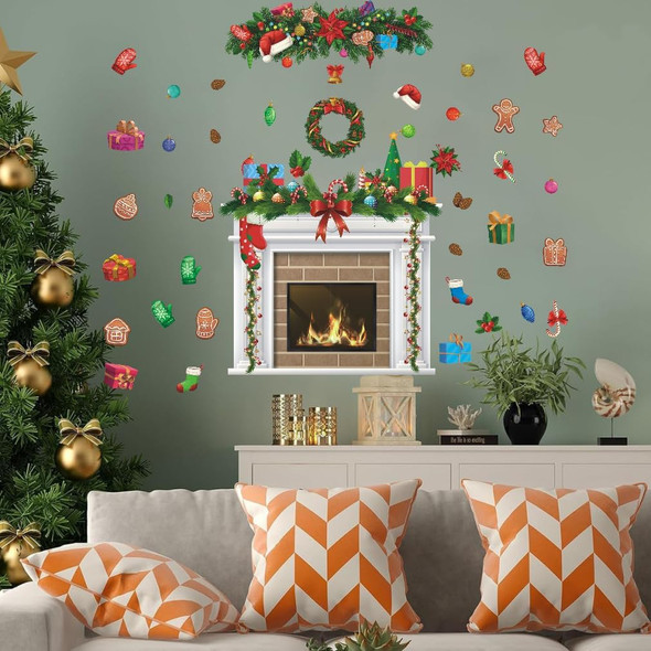 IARTTOP Christmas Fireplace Bulletin Board Decal Christmas Fireplace Wall Decal Christmas Holiday Fireplace Background Decoration Christmas Stocking Candle Wreath for Christmas Home Party Decor