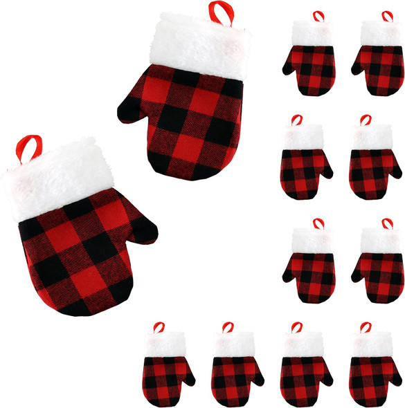 Iconikal Buffalo Plaid Mini Mitten Christmas Stockings 24 Pack, Festive Holiday Decor for Tree, Wreath, Mantle - Seasonal Xmas Stocking Ornaments