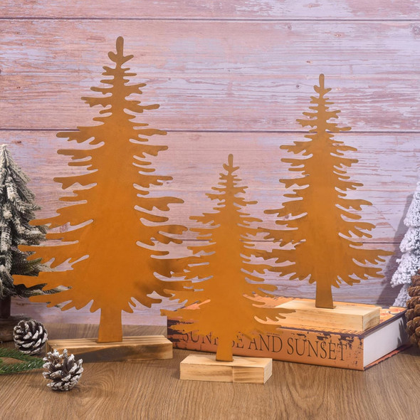 3 Pcs Metal Christmas Tree Tabletop Decor, Rustic Steel Pine Trees Table Centerpieces, Christmas Tree Art Holiday Fall Decoration, with Wood Base for Xmas Fall Winter Holiday (Yellow)