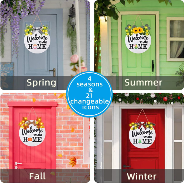 Interchangeable Welcome Home Sign, Front Door Decor With 4 Seasonal Wreaths and 21 Changeable Icons, Rustic Wood Wall Porch Hanger for Holiday Halloween Christmas Housewarming (White)